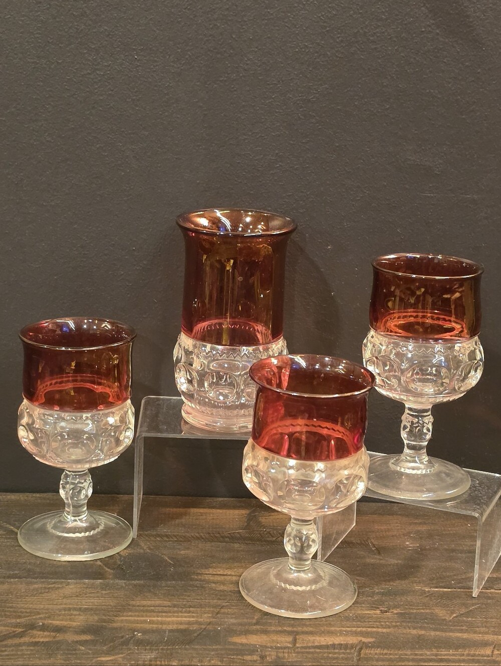 4 Vtg Tiffin Franciscan Kings Crown Ruby Red Flashed Thumbprint Goblets Tumbler